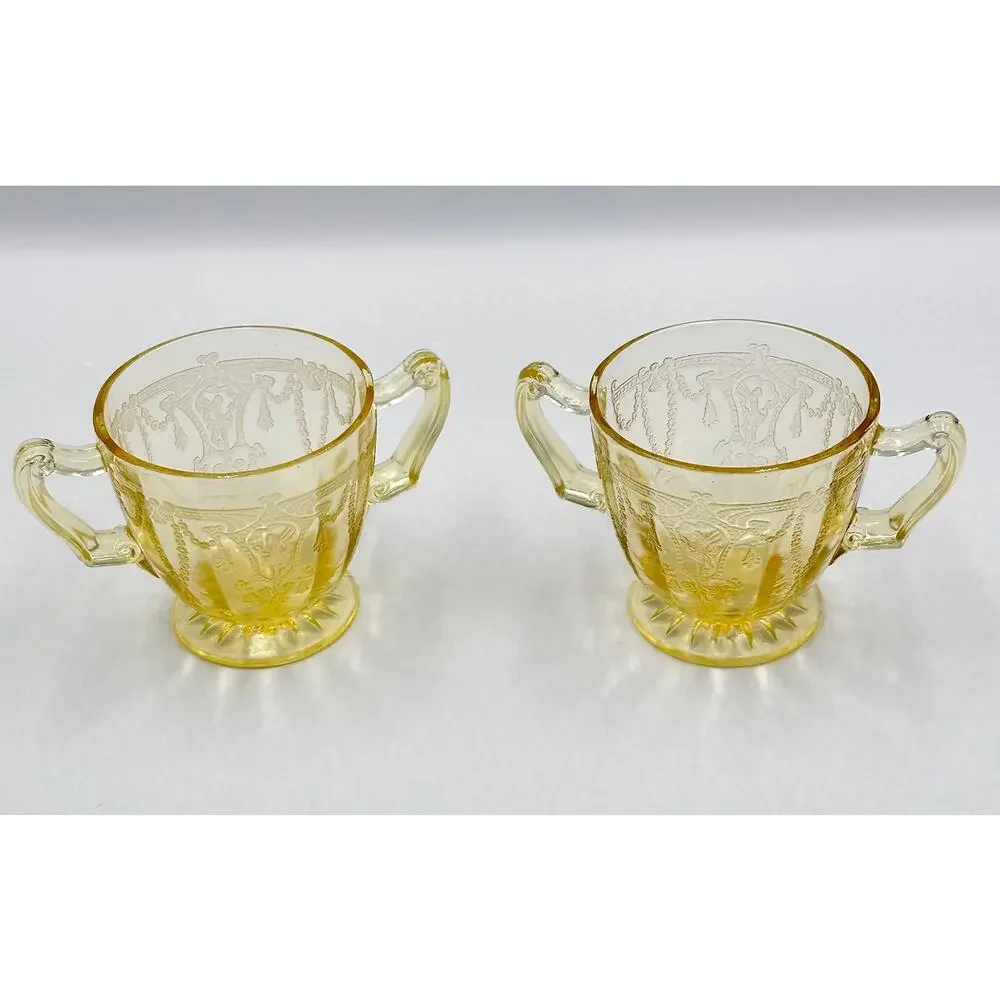 1930 Anchor Hocking Cameo Ballerina Vaseline Canary Glass Sugar Dessert Bowl Set